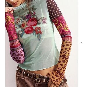 Patchwork Floral Mesh Long-Sleeve Top - Mint